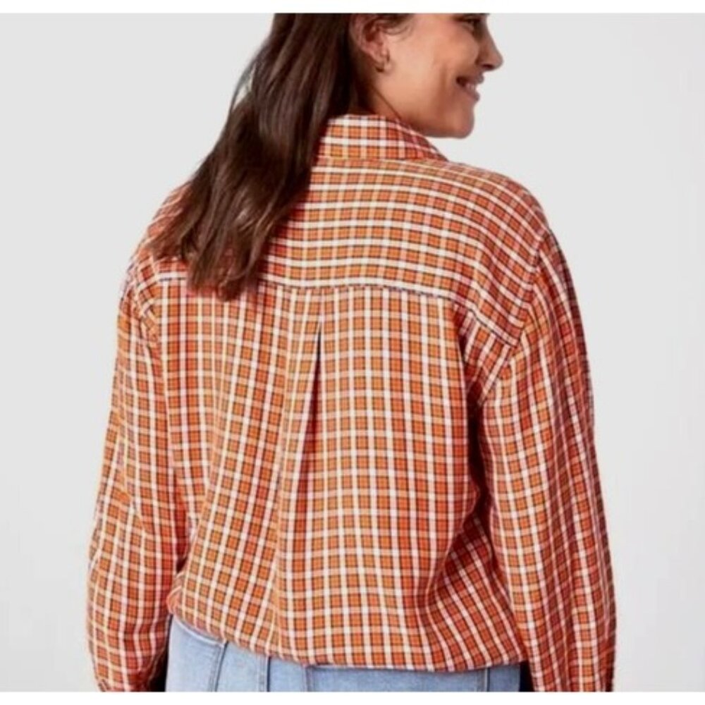 size 14 Lane Bryant flannel plaid top button down no peek cropped tie hem orange - Picture 4 of 6